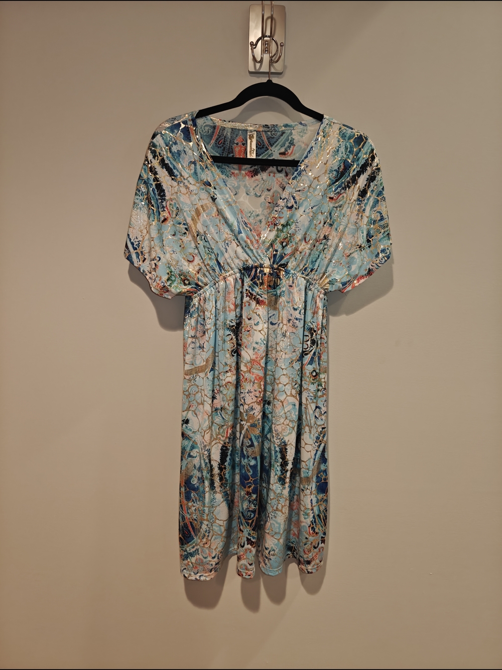 Shoreline Light Blue Print V-Neck Midi Dress With Metallic Shine